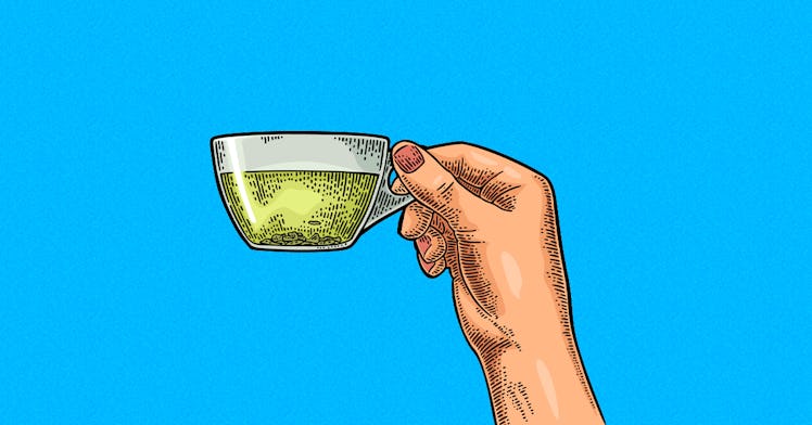 Drawing of a hand holding a cup of tea in the air.