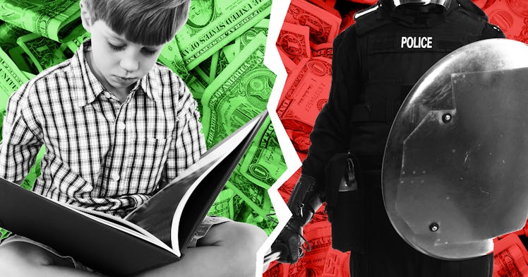 Collage of a young boy that is learning and a policeman