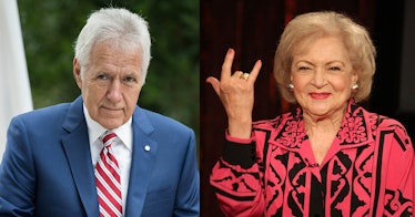 A two-part side-by-side collage of Alex Trebek and Betty White