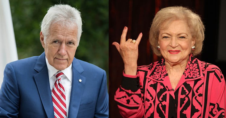 A two-part side-by-side collage of Alex Trebek and Betty White