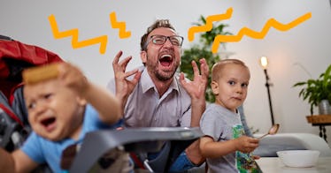 A dad shouting while his baby is crying in it's stroller and the toddler looks scared in front of hi...