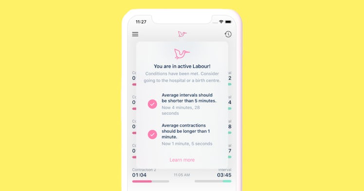 storky contraction timer tracker app isolated on yellow background