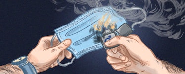 A man burning his face mask with a lighter that has a male sign