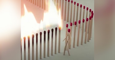 A match shaped like a person steps out of a line of matches on fire