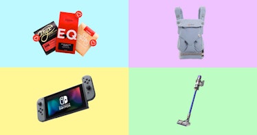 Collage of coffee packs, a baby carrier, Nintendo Switch, and a vacuum cleaner