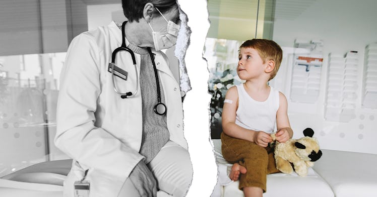 A child with a stuffed animal looks at their pediatrician.