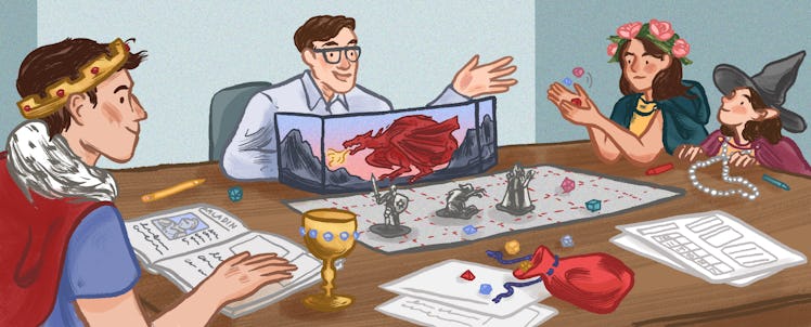 An illustration of a family playing Dungeons and Dragons at a table