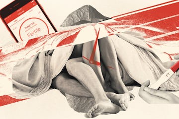 A collage of a pregnancy app, test, and couple under sheets.