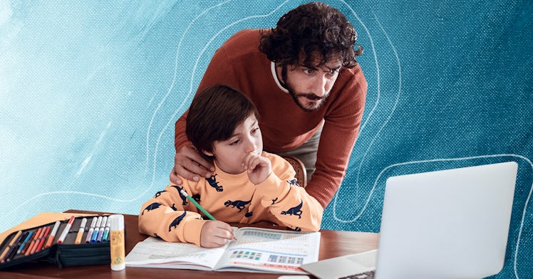A father standing over his son, and they're looking into a laptop because the son is being homeschoo...
