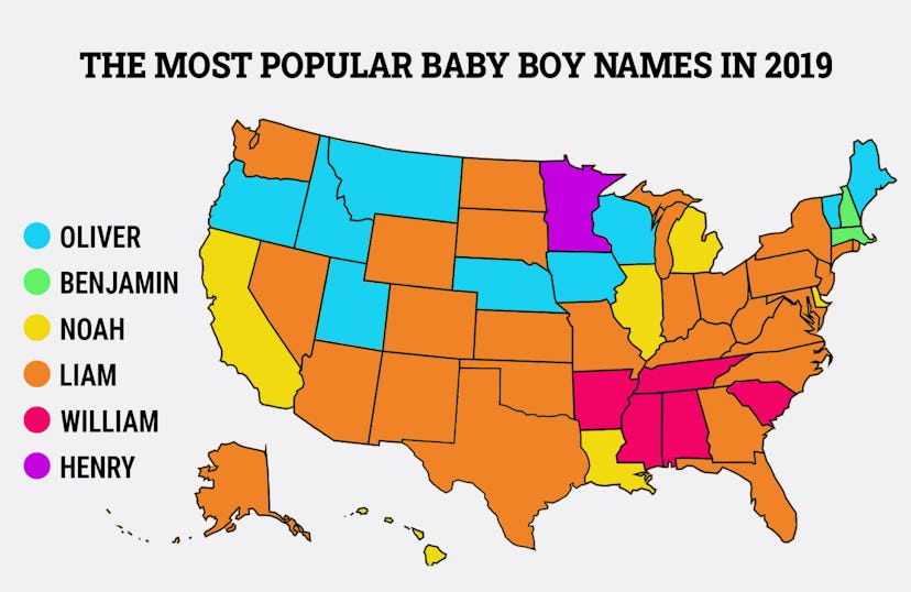 orange blue purple pink and yellow map of the united states showing which baby boy names were popula...