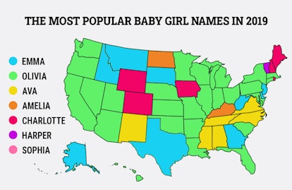 green blue yellow and pink map of the united states showing which baby girl names are popular in eac...