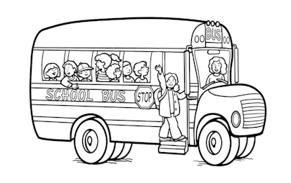 Coloring page of a school bus full of children 