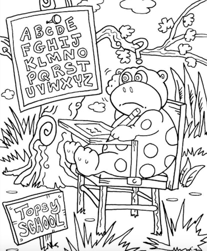 Topsy School coloring page with an animal sitting at a school desk learning the alphabet
