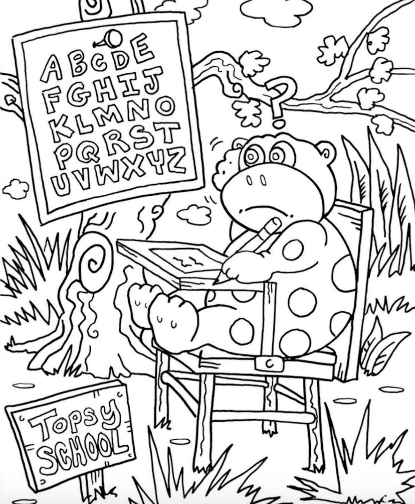 Topsy School coloring page with an animal sitting at a school desk learning the alphabet