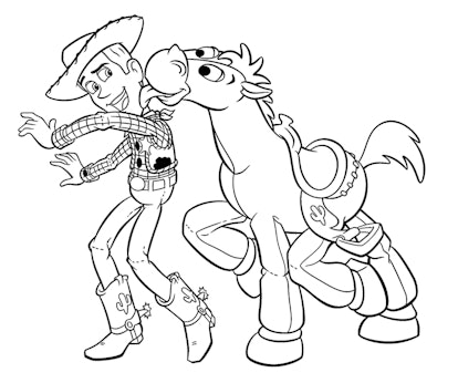Disney's Woody from Toy Story and his horse on coloring page for kids