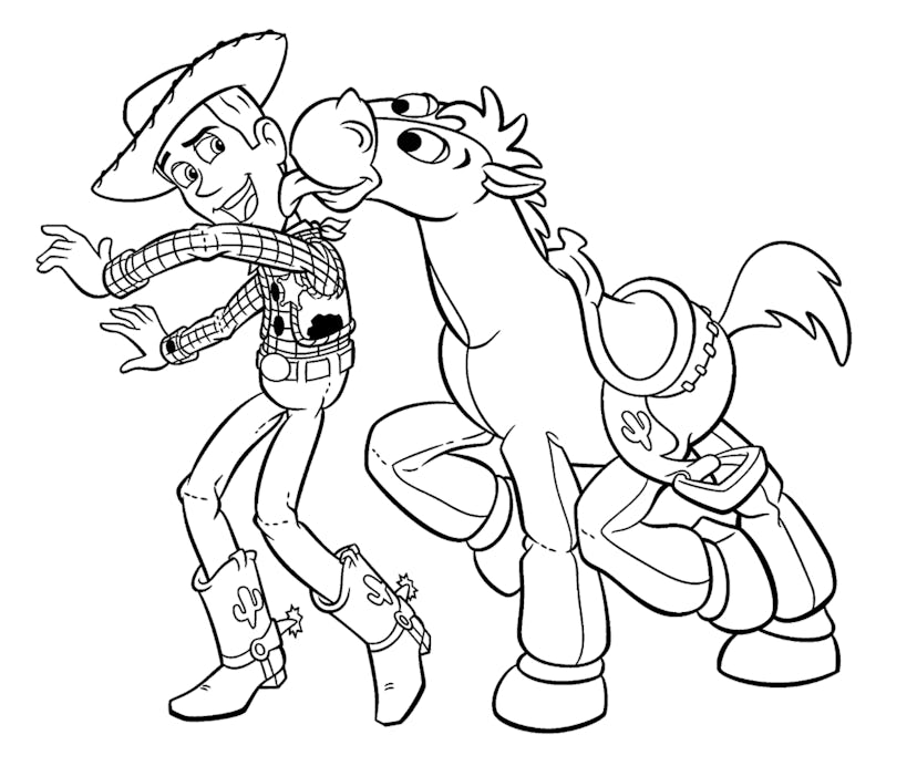 Disney's Woody from Toy Story and his horse on coloring page for kids