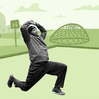greyscale image of man lunging into a hip stretch isolated on illustration of a park