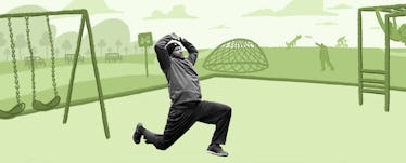 greyscale image of man lunging into a hip stretch isolated on illustration of a park