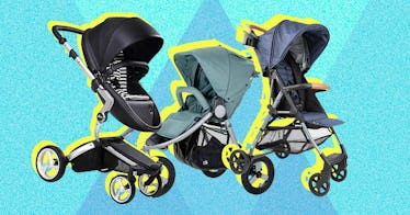 A collage of three baby strollers