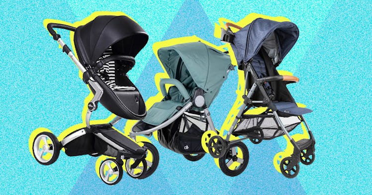 A collage of three baby strollers