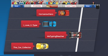 screen shot of free typing games for kids that shows four red trucks full of letters near the finish...