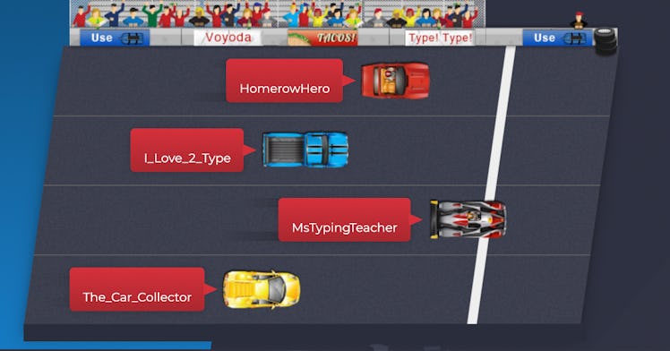 screen shot of free typing games for kids that shows four red trucks full of letters near the finish...