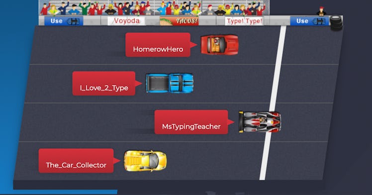 screen shot of free typing games for kids that shows four red trucks full of letters near the finish...