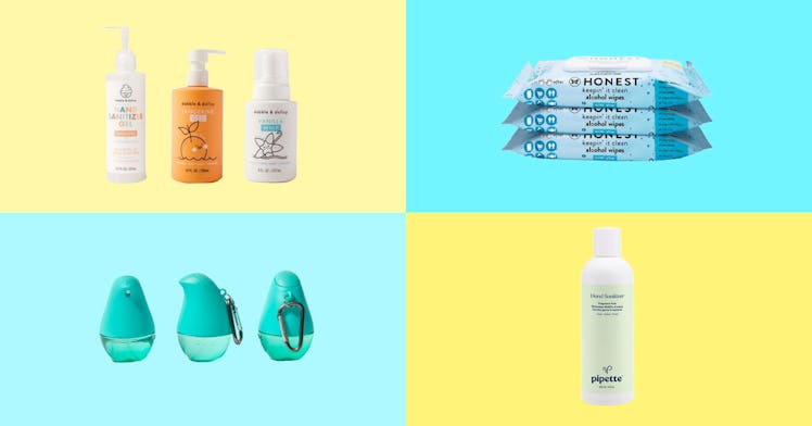 checkerboard photo grid featuring kids' hand sanitizers against alternating yellow and blue squares