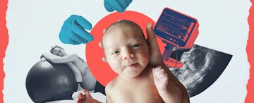 一幅拼贴画的中央是一个婴儿，中间是一个戴着手套坐在瑜伽球上的孕妇。