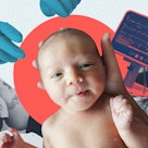 Baby in the center of a collage with a pregnant woman on yoga ball and gloved hands.
