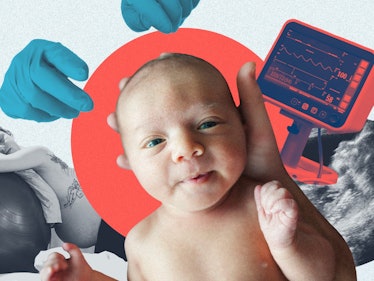Baby in the center of a collage with a pregnant woman on yoga ball and gloved hands.