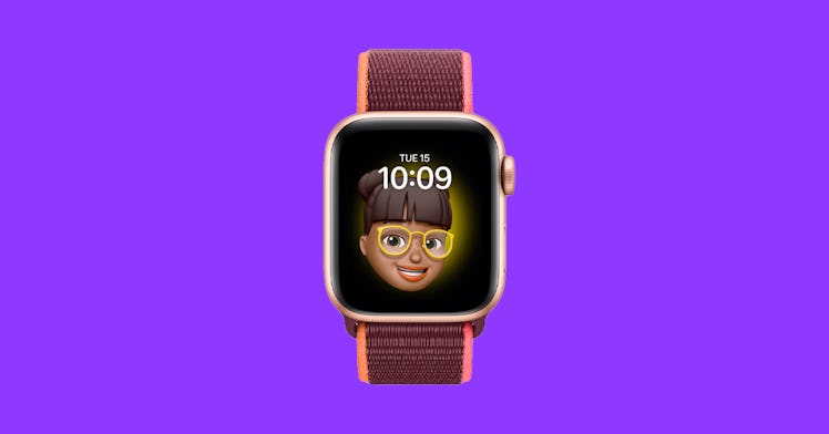 a new apple watch series 6 with a kid-friendly image on the screen, set against a purple background