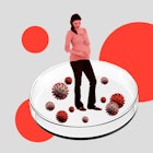 A collage of a pregnant woman standing on a container with virus-like illustrations on it