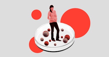 A collage of a pregnant woman standing on a container with virus-like illustrations on it