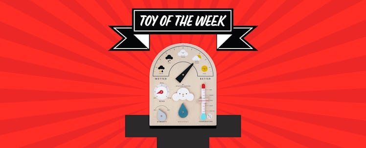My Weather Station, a wooden weather chart for kids, set against a bright-red background with a Toy ...