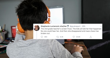 A kid with orange headphones on a zoom call for class, a tweet about the class in front of him