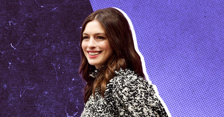 Anne Hathaway set against a purple backdrop