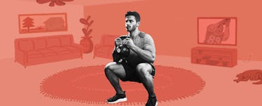 A man holding a dumbbell works out by doing squats