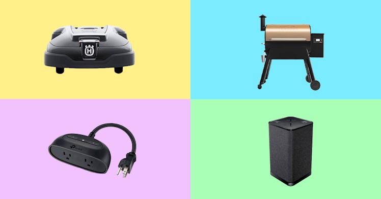 A collage of a lawn mower, a grill, an outdoor smart plug and a Bluetooth speaker