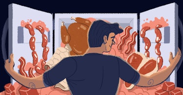 illustration of a man looking into an open refrigerator stuffed with meat.