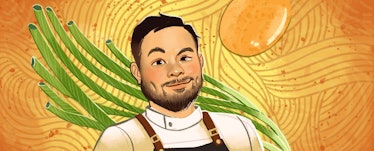 An illustration of Chef David Chang with an abstract food background