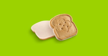 A cookie sold by girl scouts on a lime green background
