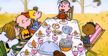 in a scene from 'A Charlie Brown Thanksgiving' Linus addresses the whole Peanuts gang at dinner