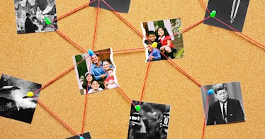 Several photos attached to a pinboard with a red thread connecting all of them in an attempt to solv...