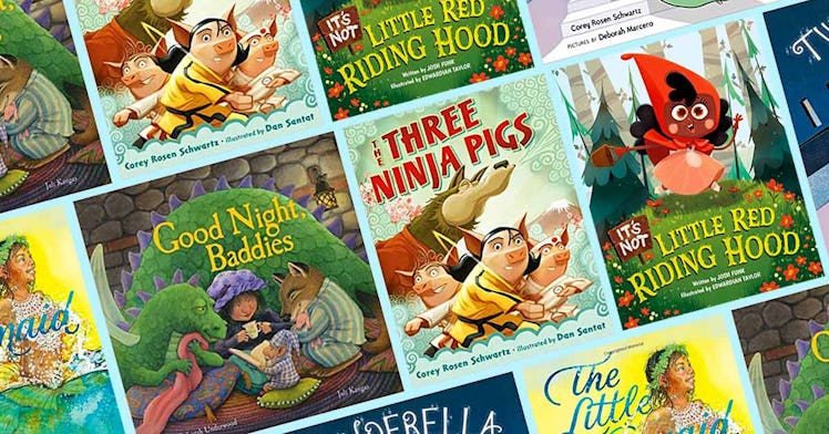 A collage of the covers of fairy tale retellings with "Three Ninja Pigs" in the center