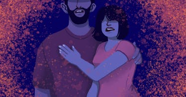 illustrated man and woman stand in fear