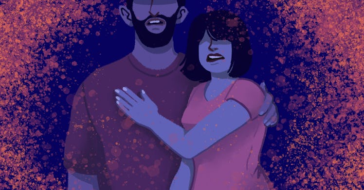 illustrated man and woman stand in fear