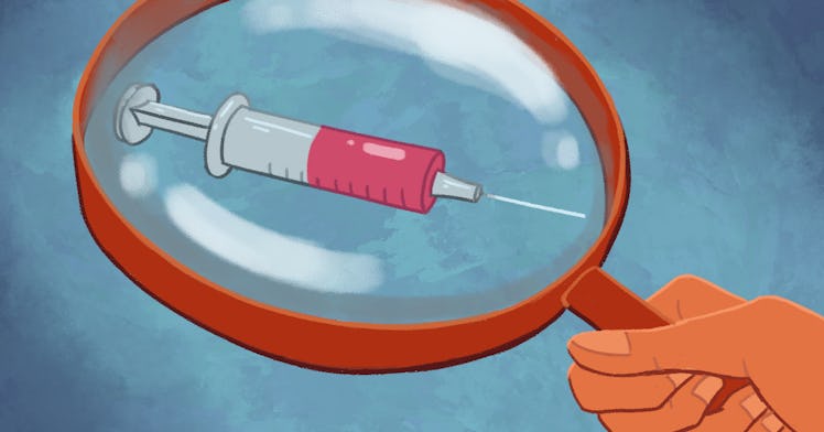 illustration of a magnifying glass over a vaccine