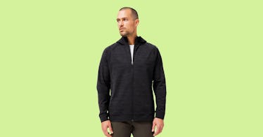 A man posing in the Lululemon City Sweat Full Zip Hoodie Jacquard in black