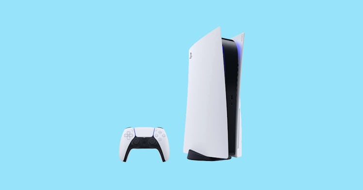 The coveted Sony Playstation PS5 set against an aqua background